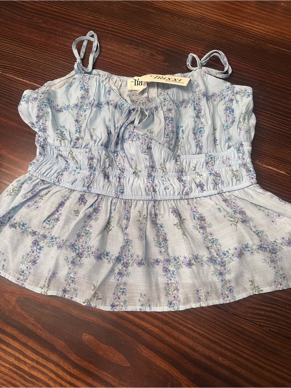 Trixxi Light Blue Floral Smocked Peplum Camisole with Purple Accents